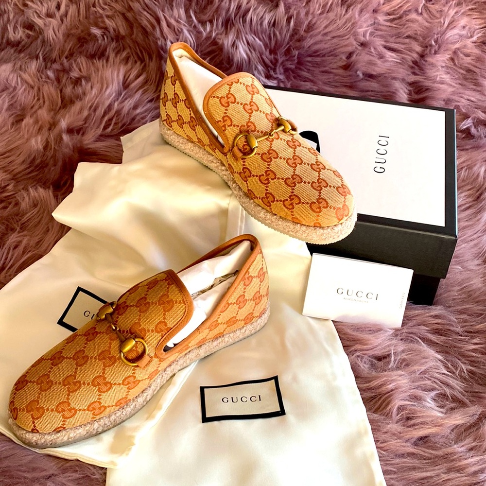 NWT GUCCI logo espadrilles moccasins with horsebit buckle size 37